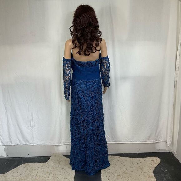 Julie Polanco Blue Floral Lace Off Shoulder Sweetheart Neck Evening Maxi Gown M - Picture 4 of 11